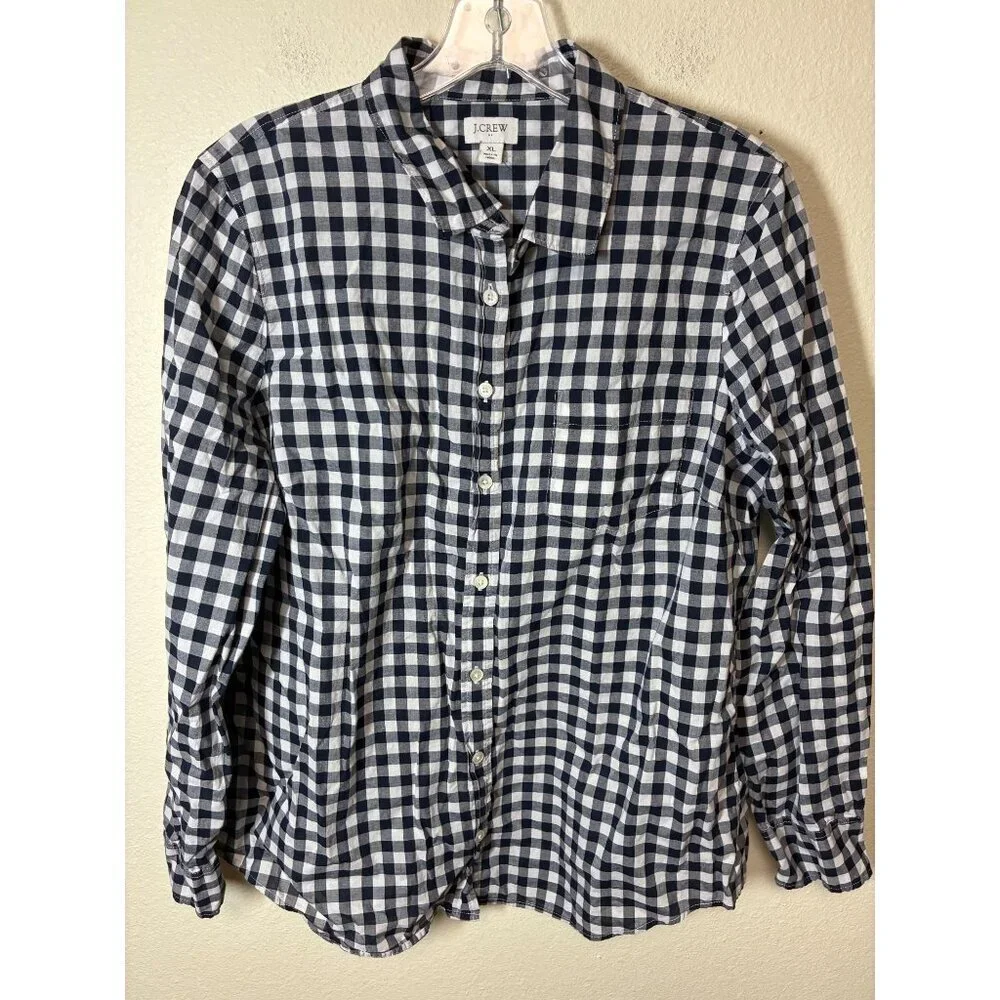 J. Crew Button Up Blouse Business Casual Buffalo Check Office Black Size XL